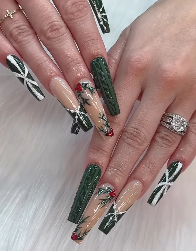 Dark green coffin nails with festive design
