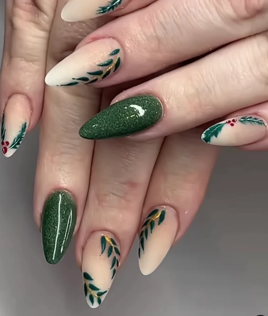 Green holly and berry almond nail art