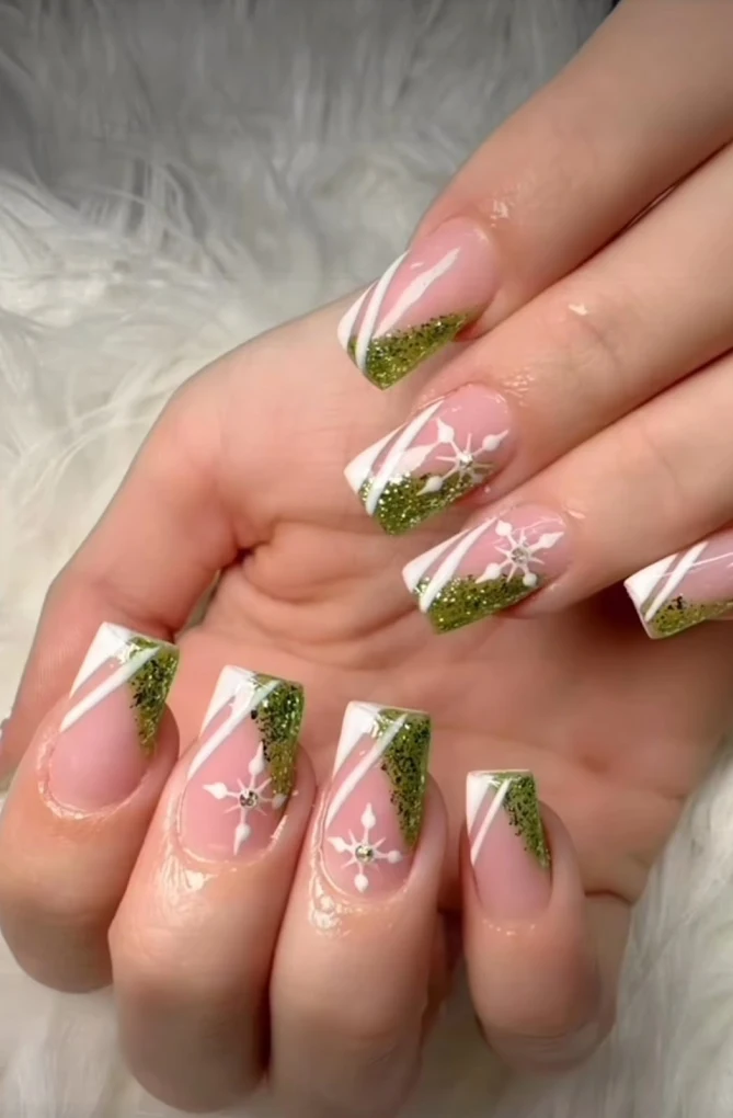 Green glitter French tips with snowflake art